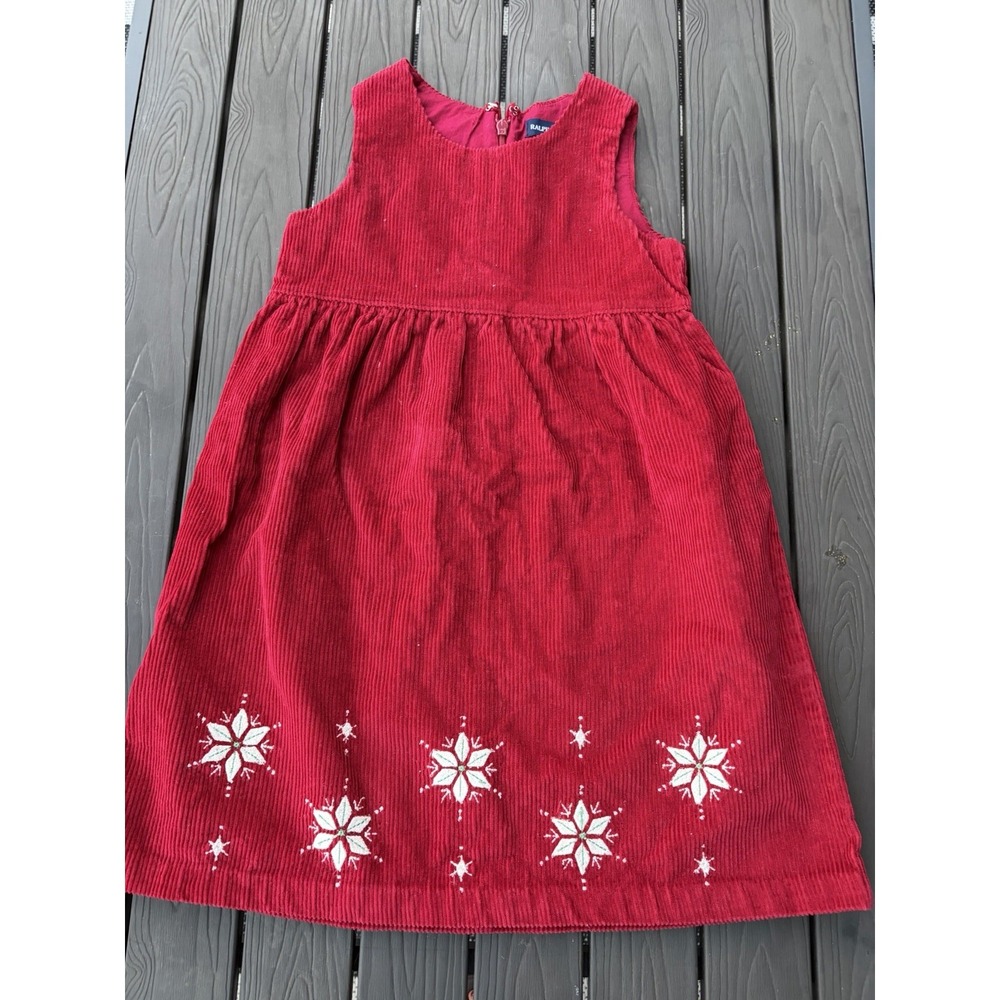 Ralph Lauren GIRLS Corduroy Jumper Dress Size 5 Snowflakes Christmas Holiday Red